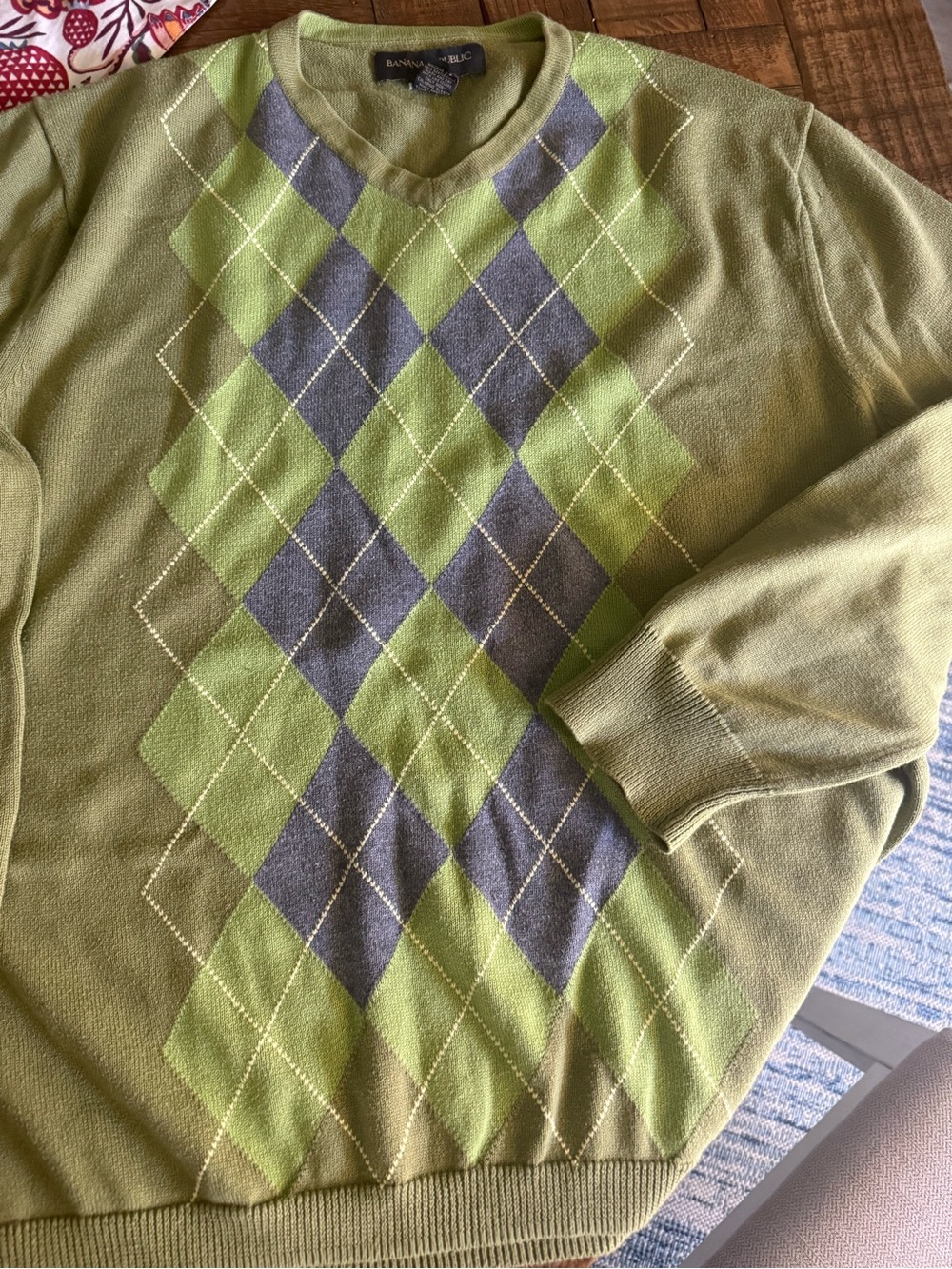 Banana Republic Olive and Navy Argyle V-Neck Sweater